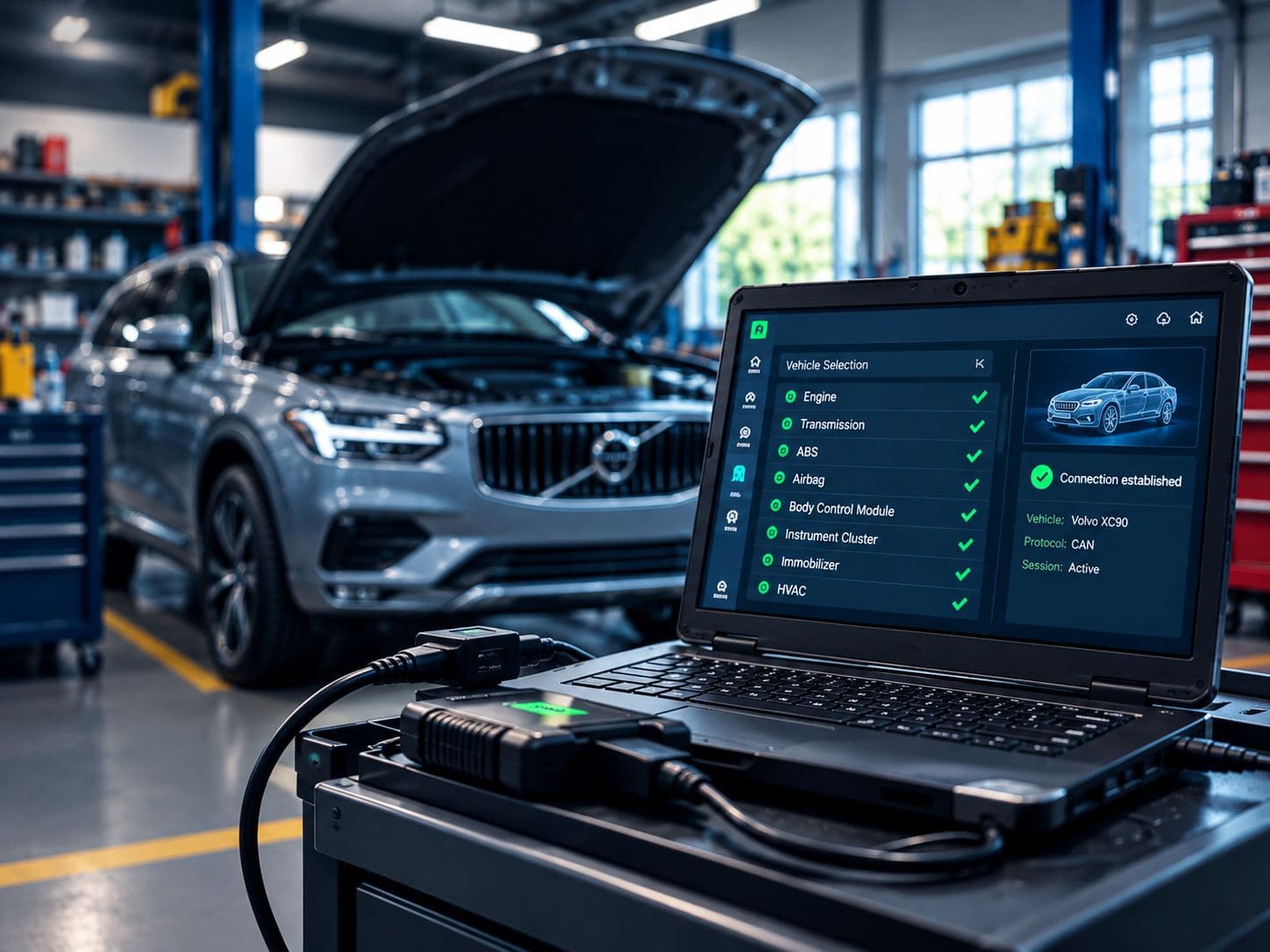 Volvo XC90 connected to Diagzen diagnostic software in a workshop